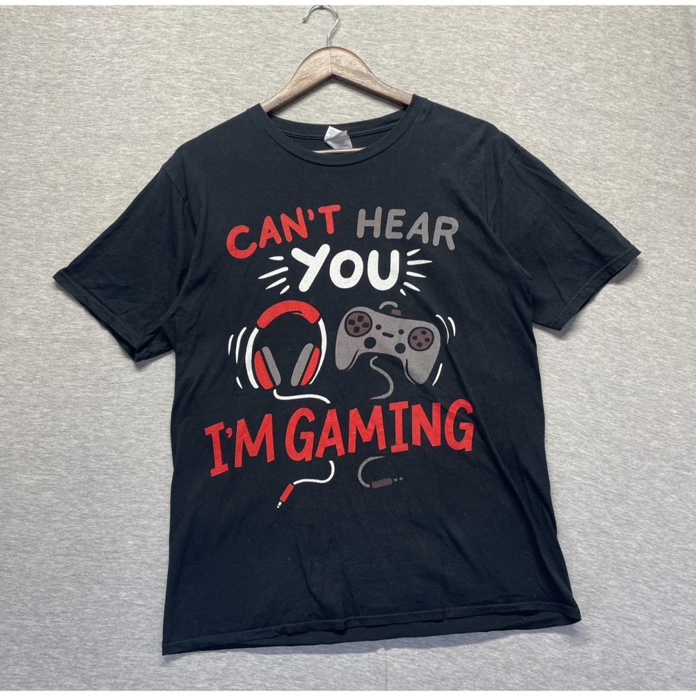 Port & Company T Shirt Mens Medium Black Graphic Print Can't Hear You I'm Gaming